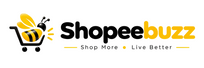 A digital logo banner for 'Shopeebuzz' featuring a shopping cart with a yellow and black bee on a white background, with the text 'Shop More • Live Better' underneath.